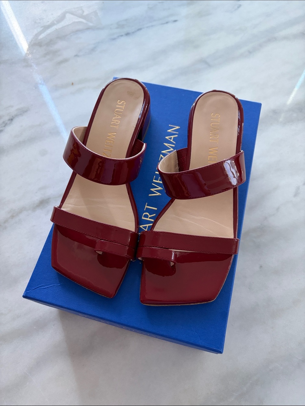 Stuart Weitzman Burgundy Maisie 35 Patent Leather Square Toe Sandals